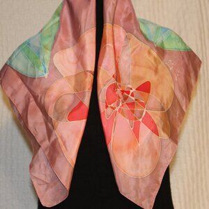 Vtg Hand Painted Silk Scarf Signed BAK 30" Square Stylized Floral print